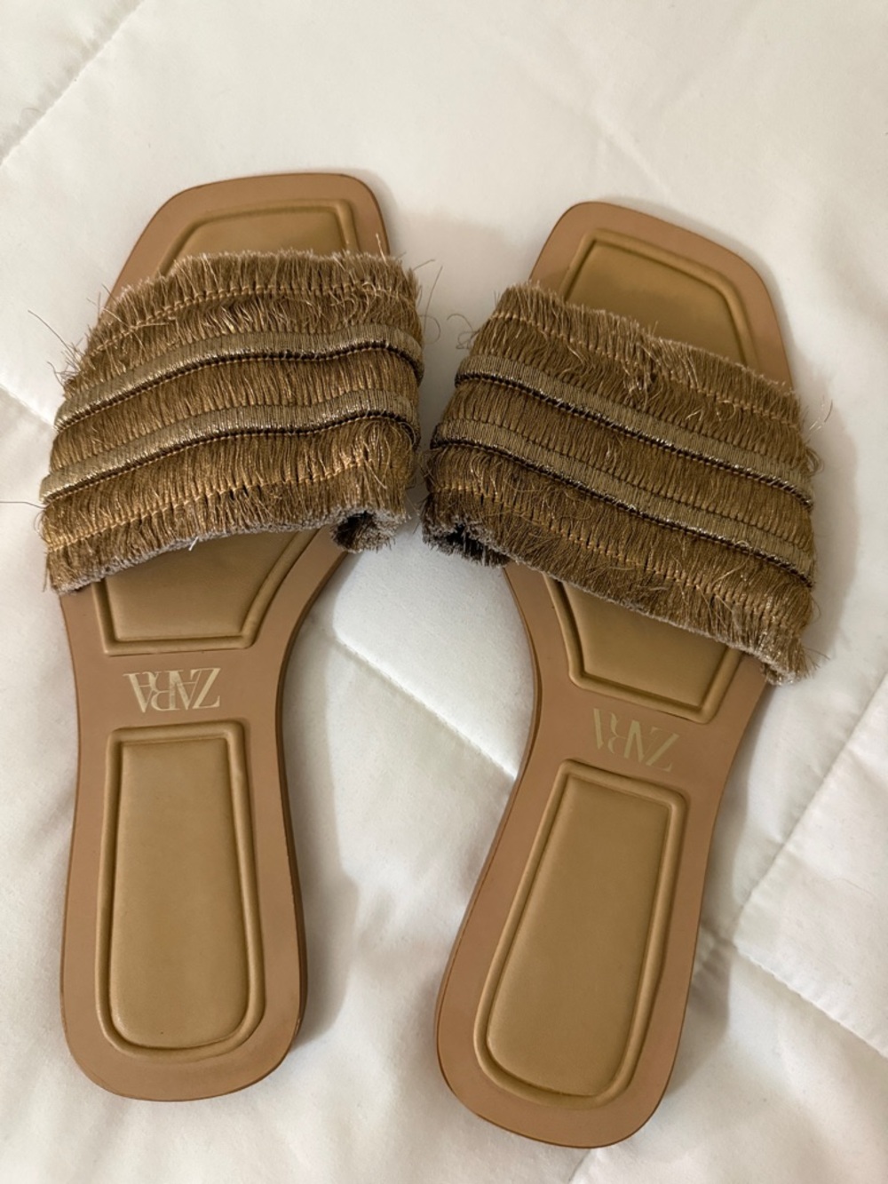 Zara Tan Fringe Slide Sandals
